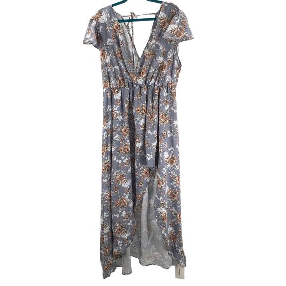 BLOOMCHIC 16 1X Plus Gray Floral Surplice Neck Elastic Waist Maxi Dress NWT b76 - Picture 1 of 7